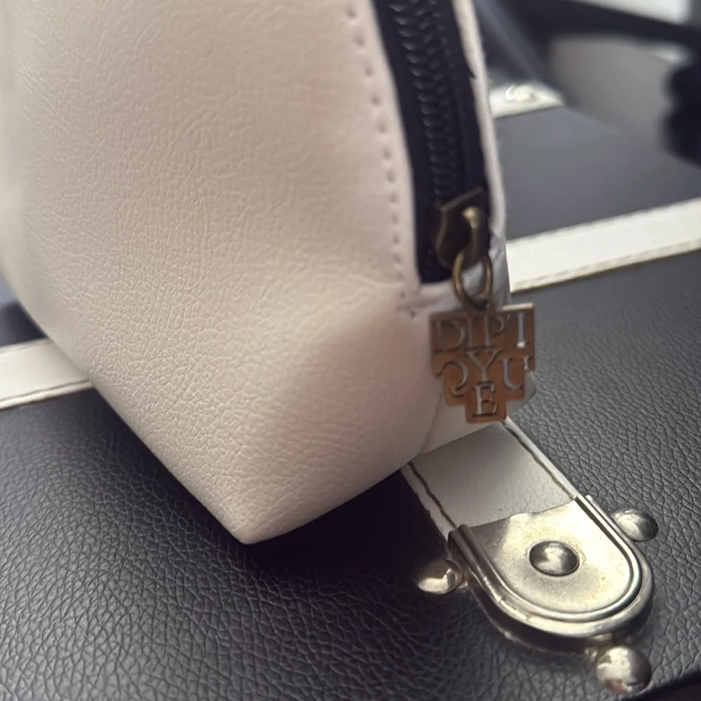 diptyque White Leather Dome Cosmetic Pouch with Black Trim